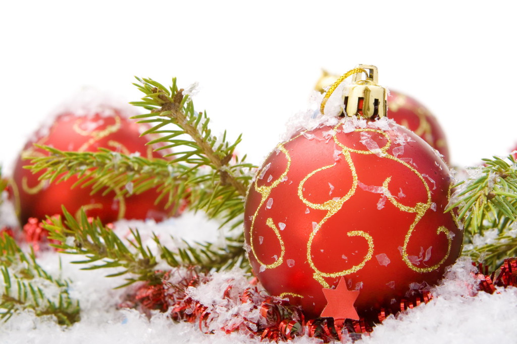 christmas balls with snow, isolated on white background